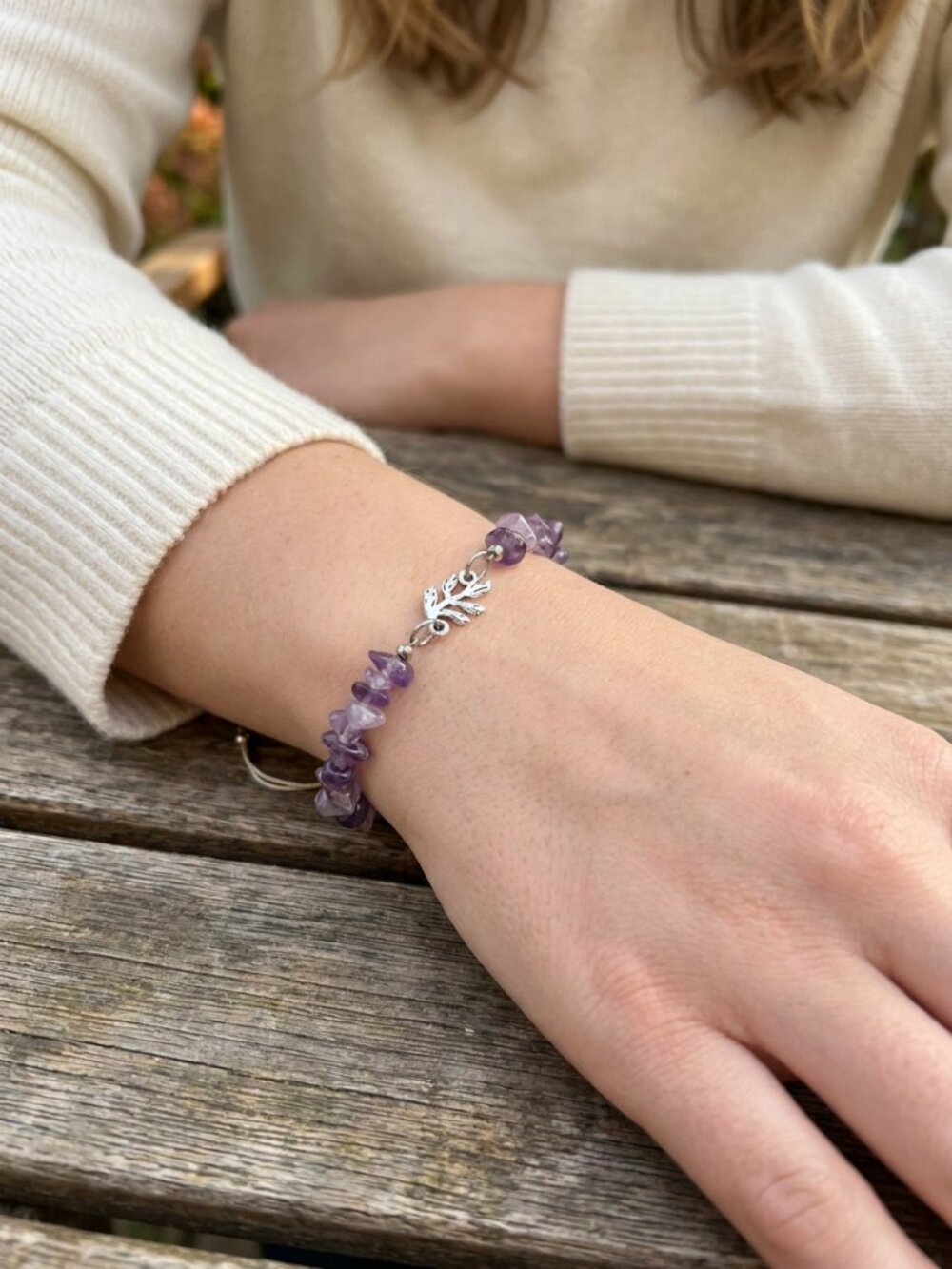 Amethyst Crystal Chip Adjustable Bracelet with Silver Leaf Charm